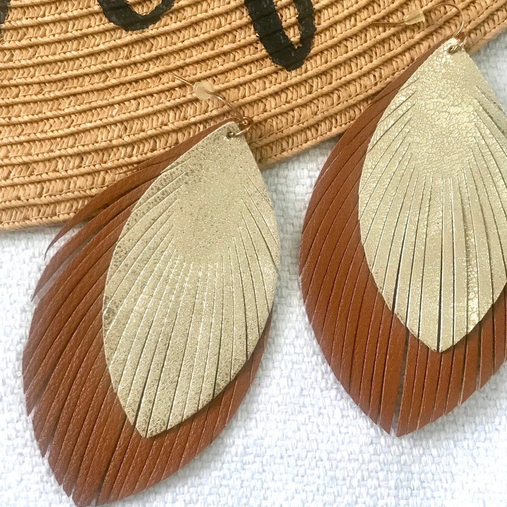 ✨HP✨ Leather Gold + Brown Earrings *NWT - Picture 2 of 5